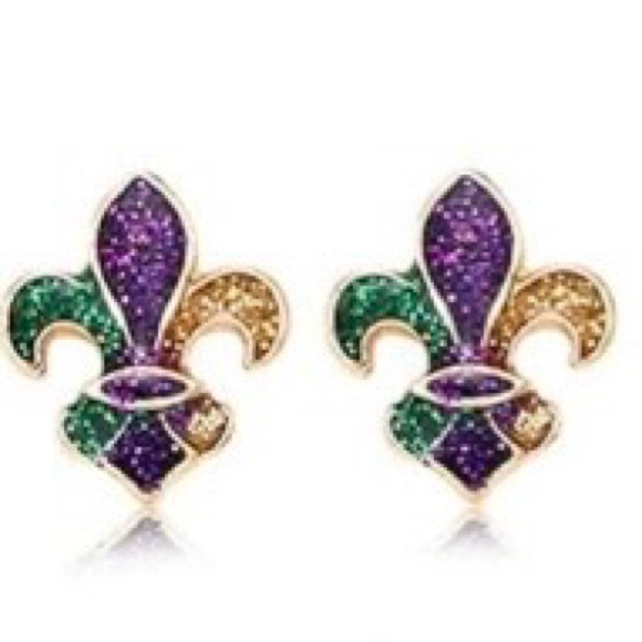 Mardi Gras Purple Gold And Green Fluer Di Lis Earrings - New
